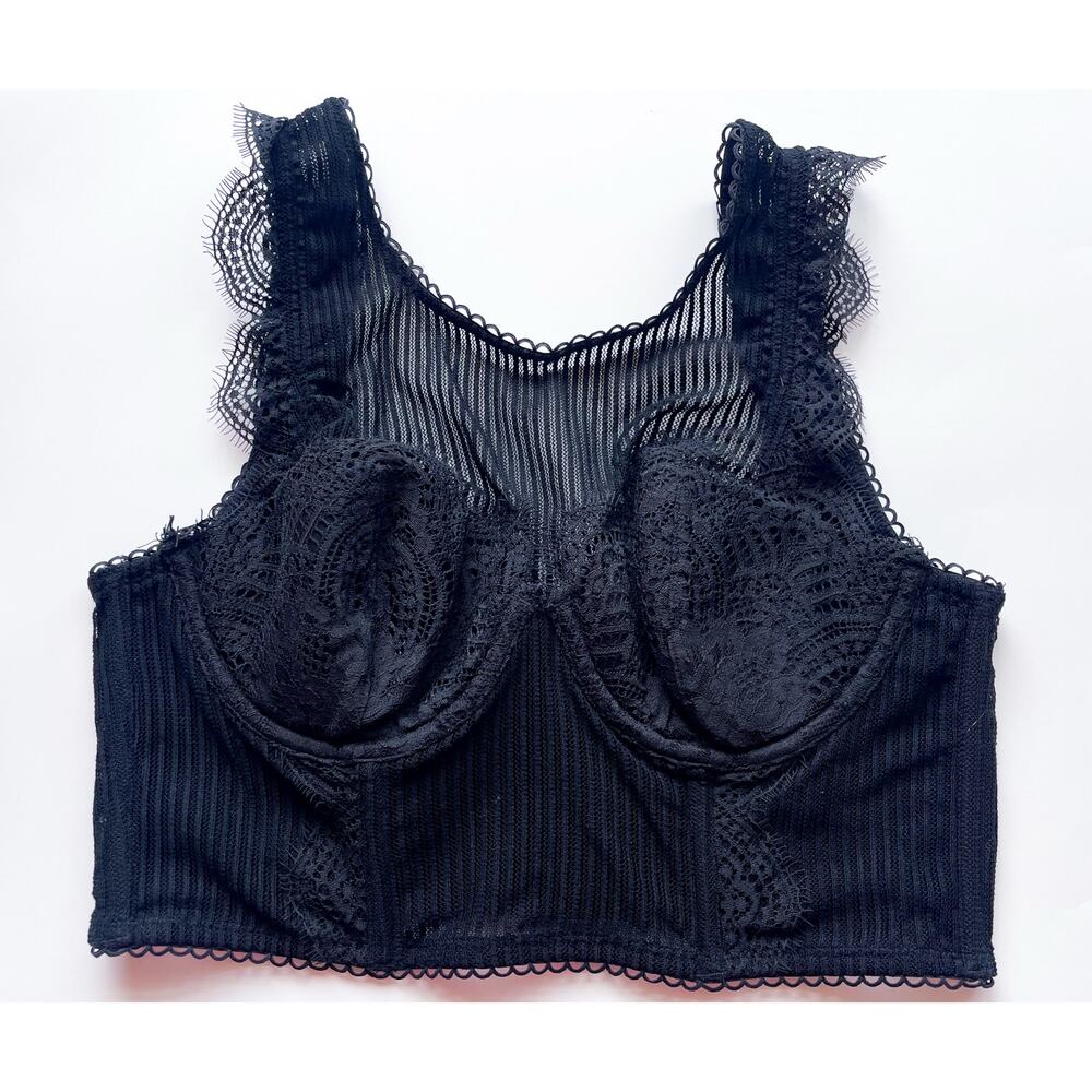 Victoria's Secret Black Gothcore Mesh and Lace Long Line Demi Bra Corset Top 34B
